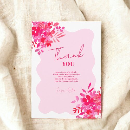 Hot pink wavy frame red pink floral baby shower thank you card