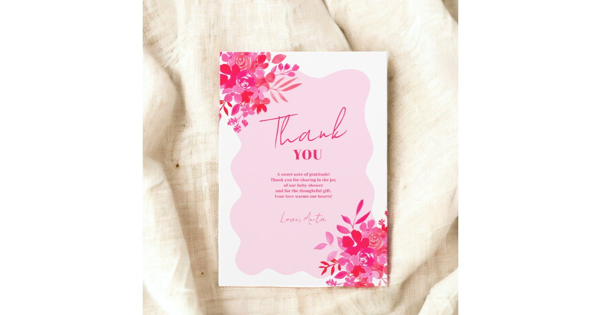 Hot pink wavy frame red pink floral baby shower thank you card | Zazzle