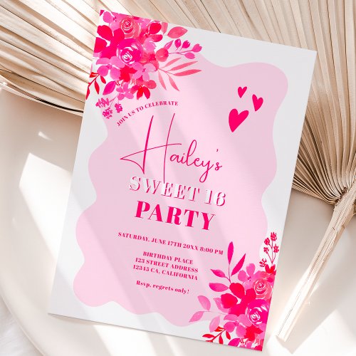 Hot pink wavy frame red pink floral Sweet 16 Invitation