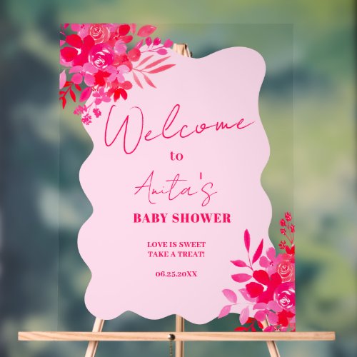 Hot pink wavy red pink floral baby shower welcome acrylic sign