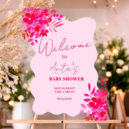 Hot pink wavy red pink floral baby shower welcome acrylic sign