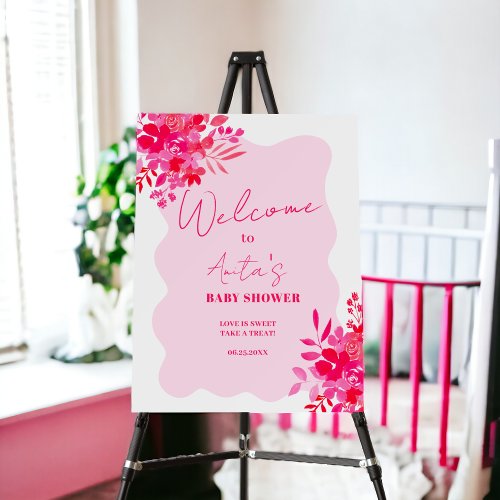 Hot pink wavy red pink floral baby shower welcome foam board