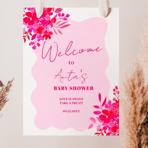 Hot pink wavy red pink floral baby shower welcome poster