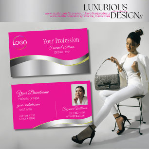 Hot Pink Wavy Silver Decor with Logo and Photo Business Card