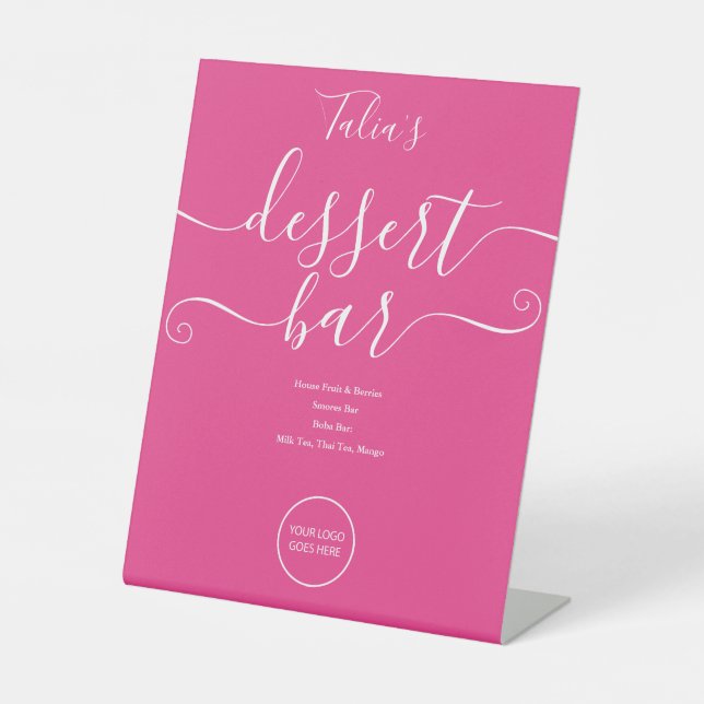 Hot Pink Wedding Logo Dessert Bar Menu Pedestal Sign (Front)