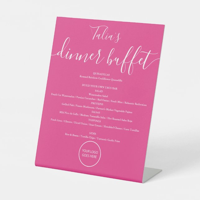 Hot Pink Wedding Logo Dinner Buffet Menu Pedestal Sign (Front)