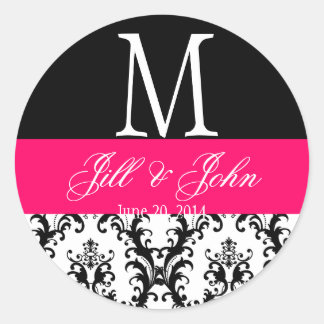 Hot Pink Wedding Monogram Date Damask Seal