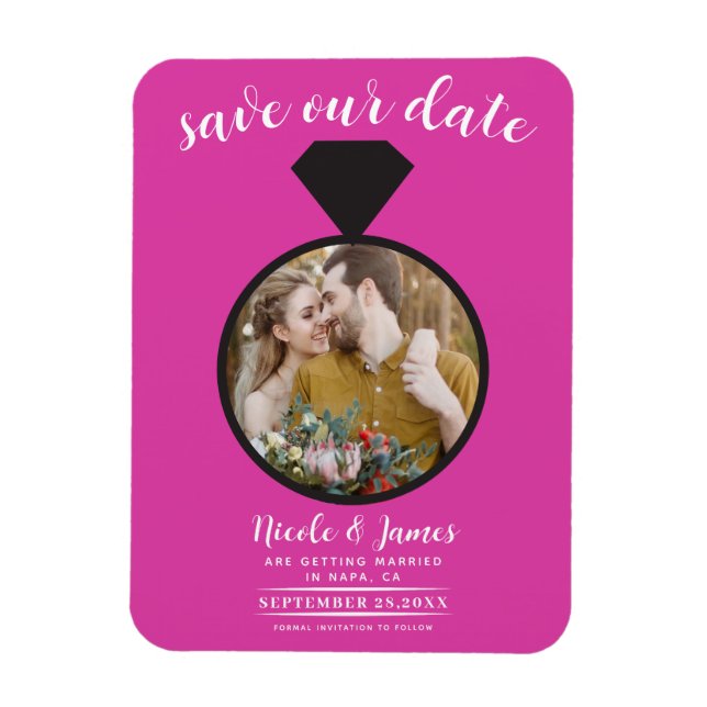 Hot Pink Wedding Ring Photo Save the Date Magnet (Vertical)