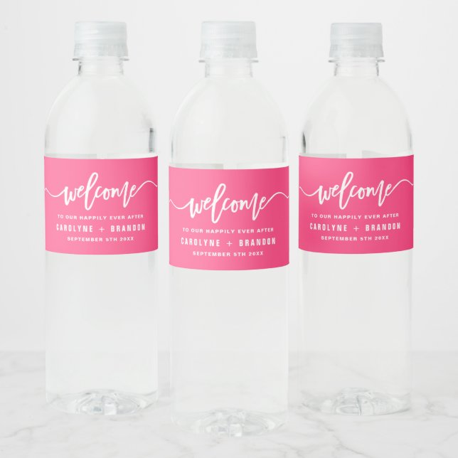 Hot Pink Welcome Lettering Custom Wedding Water Bottle Label (Bottles)