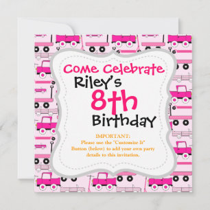 Hot Pink Wheels Vintage Cars Trucks Scooters Wagon Invitation