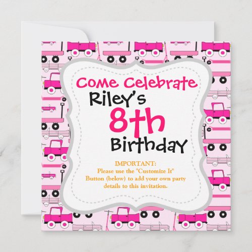 Hot Pink Wheels Vintage Cars Trucks Scooters Wagon Invitation