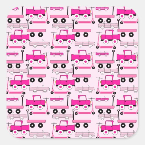 Hot Pink Wheels Vintage Cars Trucks Scooters Wagon Square Sticker