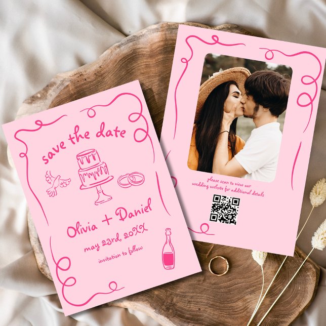 Hot Pink Whimsical Hand Drawn Wedding Photo  Save The Date (Creator Uploaded)