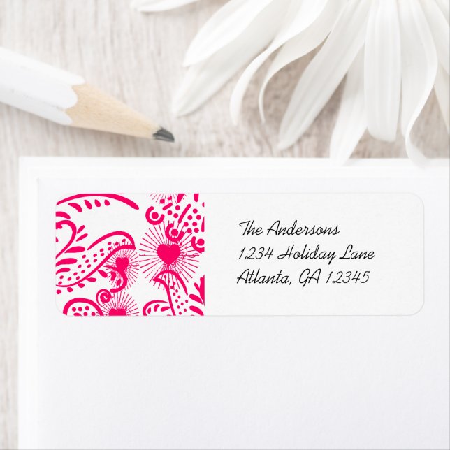 Hot Pink Whimsical Love Birds Return Address Label (Insitu)