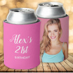 Hot Pink White 21st Birthday Name Photo Can Cooler<br><div class="desc">Cute hot pink 21st birthday party can cooler personalized with the name and age of the guest of honor on the front and her photo on the back</div>
