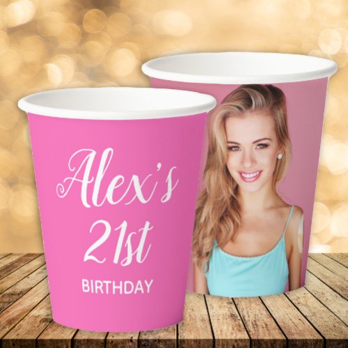 Hot Pink White 21st Birthday Name Photo Paper Cups