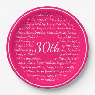 Hot Pink White 30th Happy Birthday Typography Paper Plates