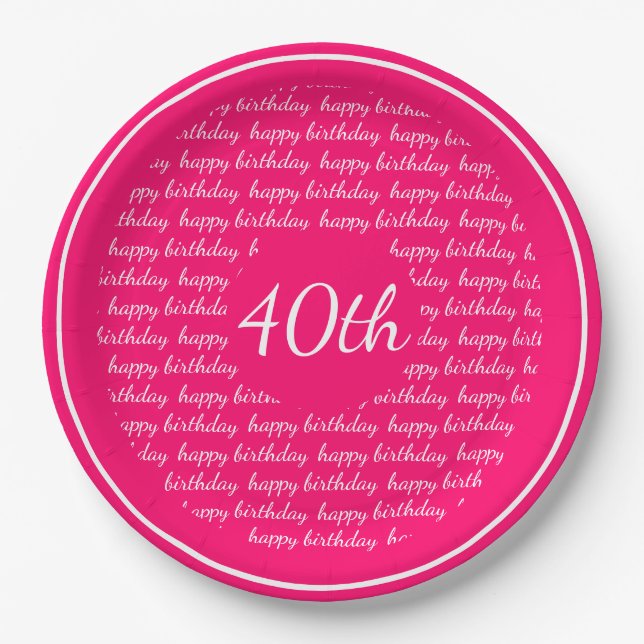 Hot Pink White 40th Happy Birthday Typography Paper Plates (Front)