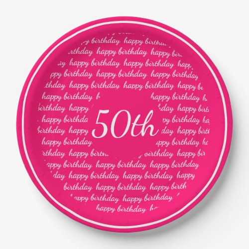 Hot Pink White 50th Happy Birthday Typography Paper Plates