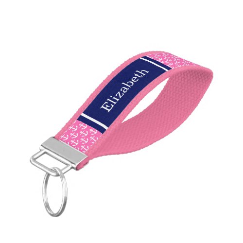 Hot Pink White Anchors Navy Blue Name Monogram Wrist Keychain