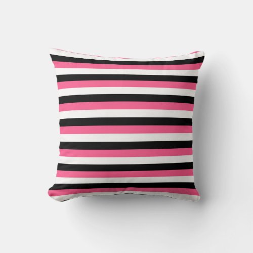 Hot Pink White and Black Stripes Throw Pillow