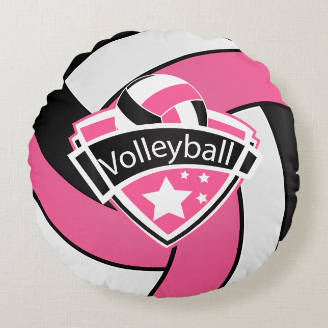 Hot Pink , White and Black Volleyball Round Pillow (Front)