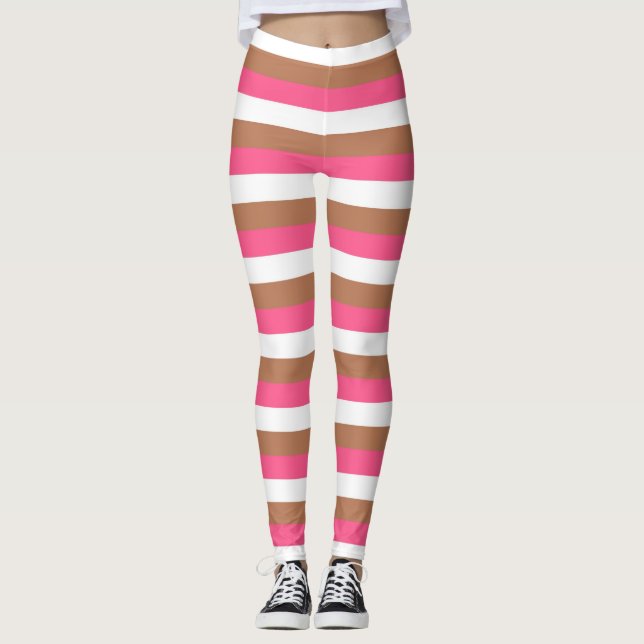 Hot Pink, White and Brown Stripes Leggings (Front)