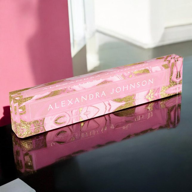 Hot Pink, White and Gold Foil Modern Marble Desk Name Plate (Creator Uploaded)