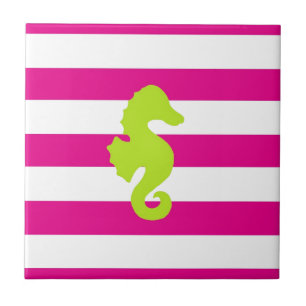 Hot Pink White and Green Seahorse Ceramic Tile