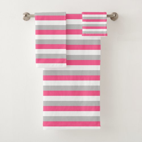 Hot Pink White and Grey Stripes Bath Towel Set