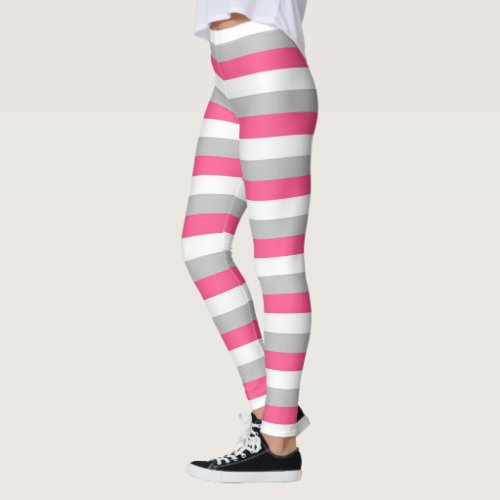 Hot Pink White and Grey Stripes Leggings