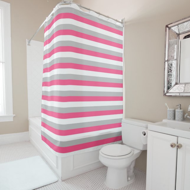 Hot Pink, White and Grey Stripes Shower Curtain (In Situ)