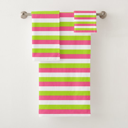 Hot Pink, White and Lime Green Stripes Bath Towel Set