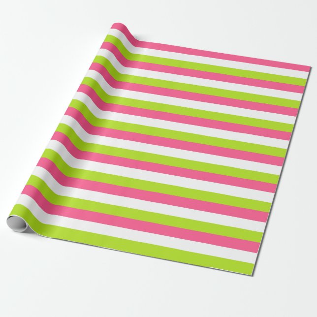 Hot Pink, White and Lime Green Stripes Wrapping Paper (Unrolled)