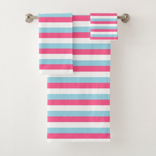 Hot Pink White and Pastel Blue Stripes Bath Towel Set