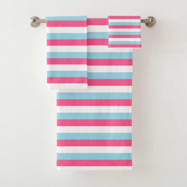 Hot Pink, White and Pastel Blue Stripes Bath Towel Set (Insitu)