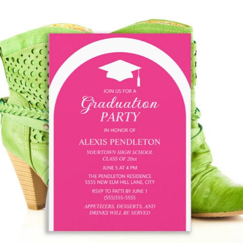 Hot Pink White Arch High School Graduation Cap Invitation