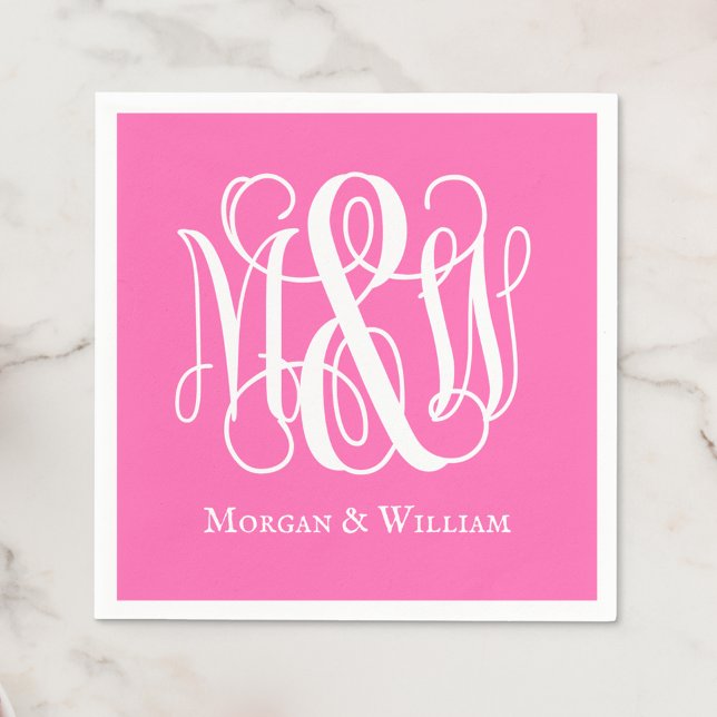 Hot Pink White B&G Vine Script Monogram DIY BG Napkins (Creator Uploaded)