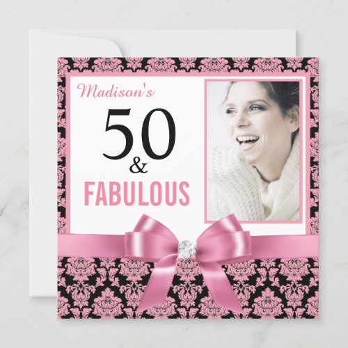 Hot pink white black damask 50th Birthday Invitation