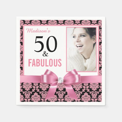 Hot pink white black damask 50th Birthday napkin
