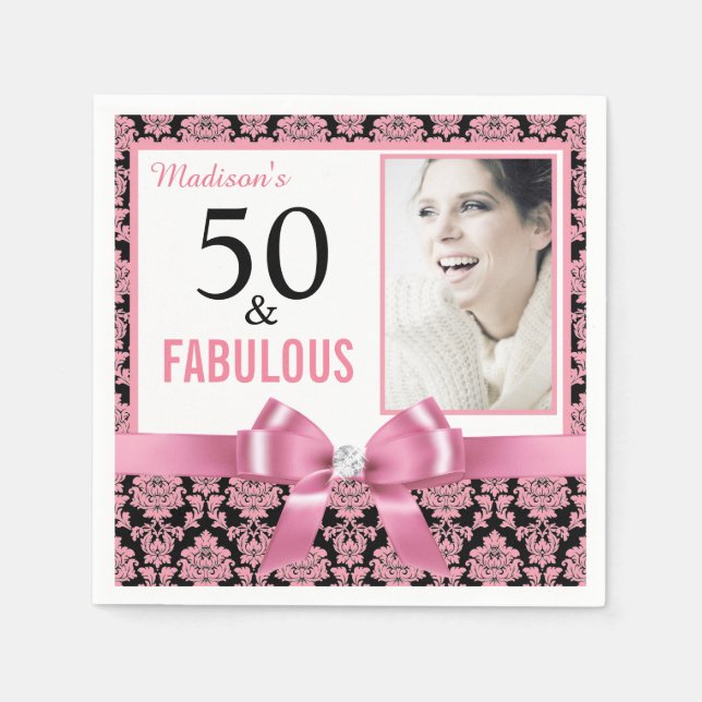 Hot pink white black damask 50th Birthday napkin (Front)