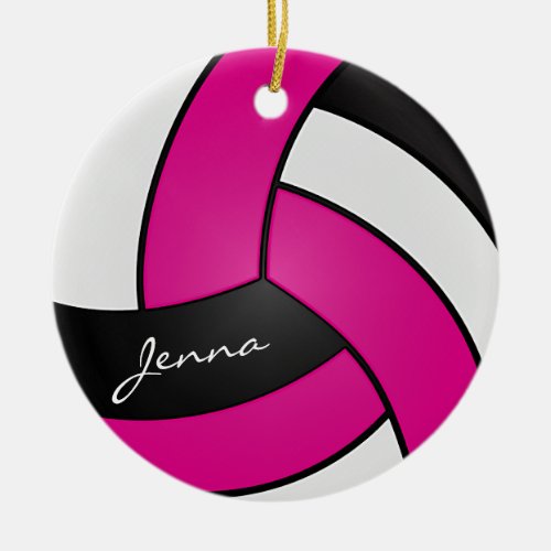 Hot Pink White  Black Personalize Volleyball  Ceramic Ornament