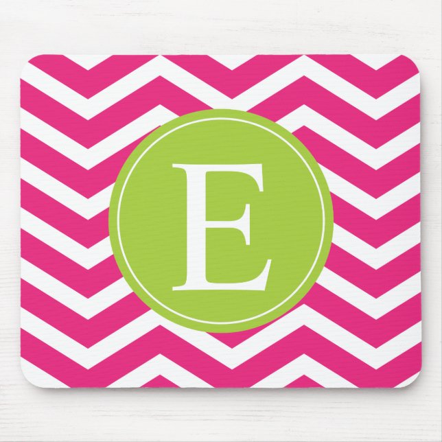 Hot Pink White Chevron Green Monogram Mouse Pad (Front)