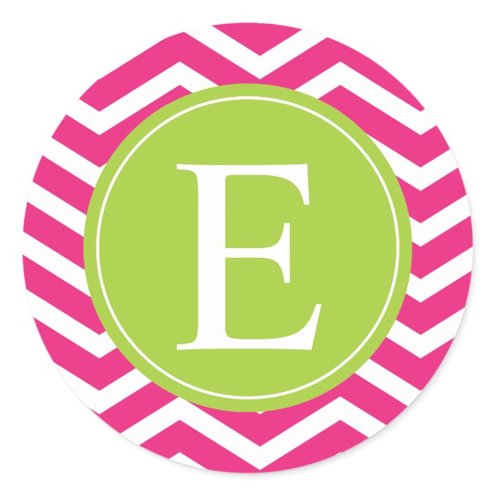 Hot Pink White Chevron Green Monogram Round Sticker