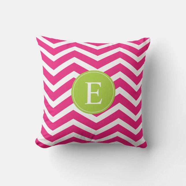 Hot Pink White Chevron Green Monogram Throw Pillow (Front)