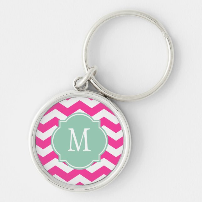 Hot Pink & White Chevron Monogram Keychain (Front)