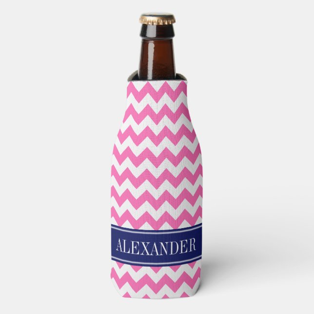 Hot Pink White Chevron Navy Name Monogram Bottle Cooler (Bottle Front)