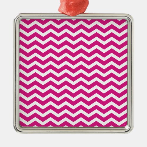 Hot Pink White Chevron Pattern Metal Ornament