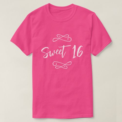 Hot Pink White Chic Doodle Modern Script Sweet 16 T_Shirt
