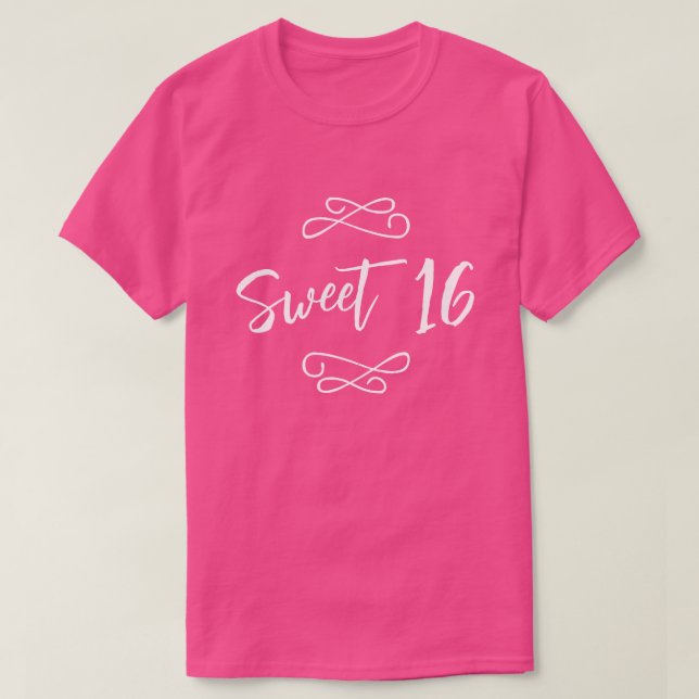 Hot Pink White Chic Doodle Modern Script Sweet 16 T-Shirt (Design Front)